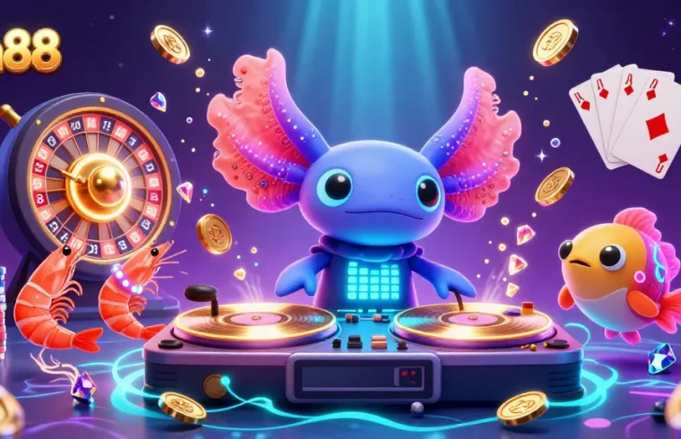 Experience thrilling gameplay at jun88 with a vibrant 3D illustration featuring an axolotl DJ and lively casino elements.