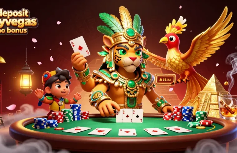 A dynamic scene showcasing the no deposit crazyvegas casino bonus with Mayan symbols, poker elements, and vibrant characters.