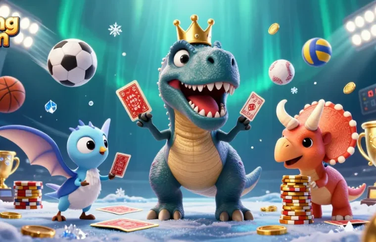 Experience thrilling sports action with luong son featuring a T-Rex shuffling cards in a vibrant casino scene.